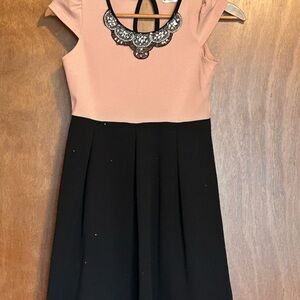 Girls Pink & Black Formal Dress with Decorative Neckline Accent